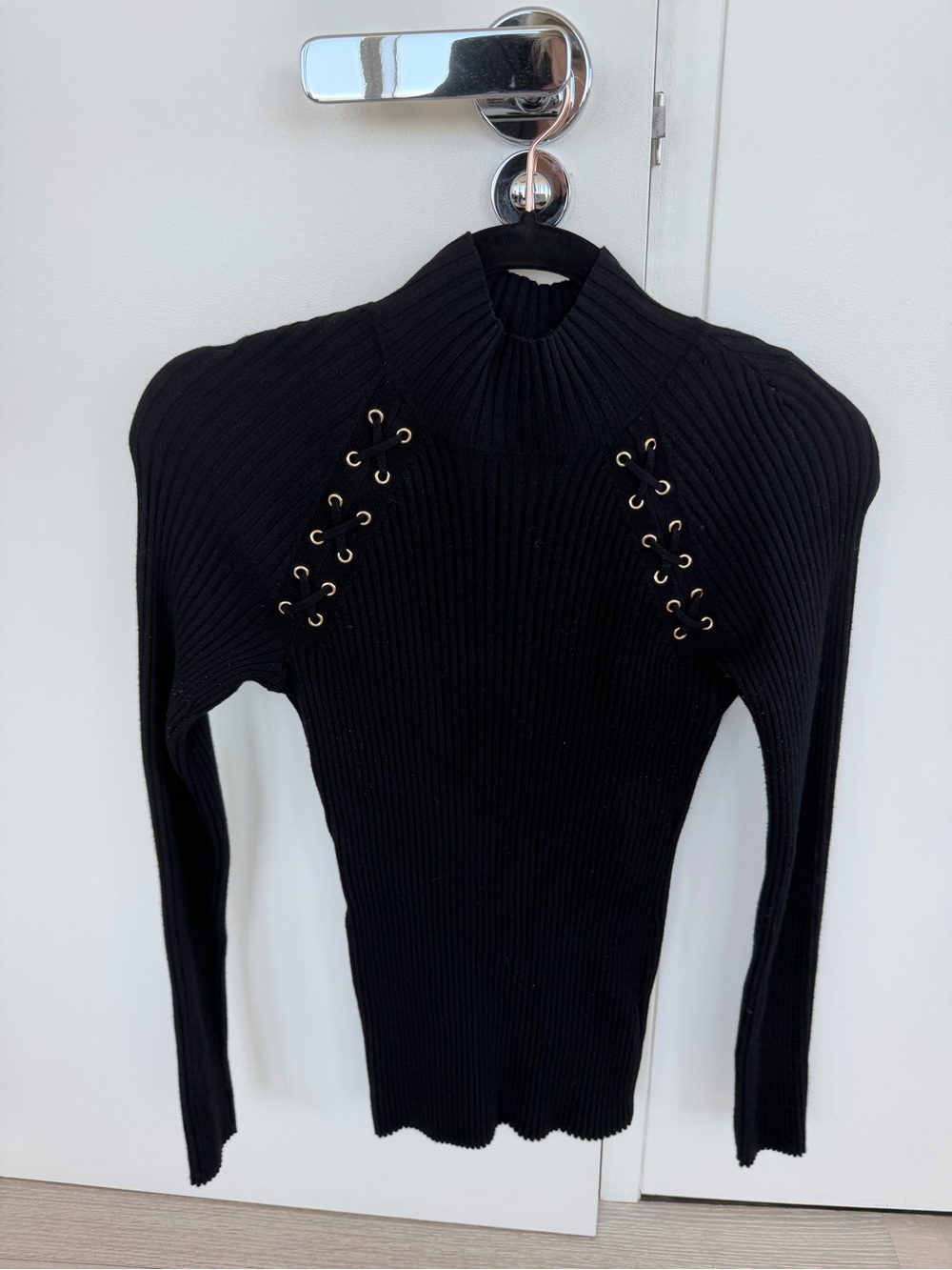 INC International Concepts Black Ribbed Mock Neck Sweater Lace-Up